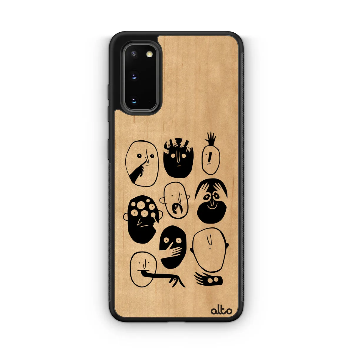 Samsung S22, S21, S20 FE Wooden Case - Faces Making Faces Design | Maple Wood | Lightweight, Hand Crafted, Carved Phone Case