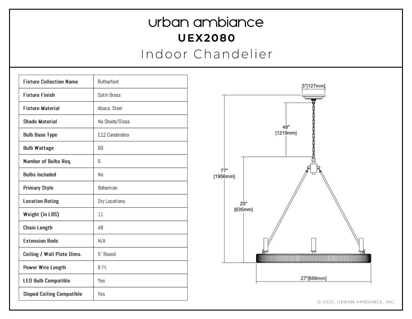 UEX2080 Bohemian Chandelier 25''H x 27''W, Satin Brass Finish, Rutherford Collection