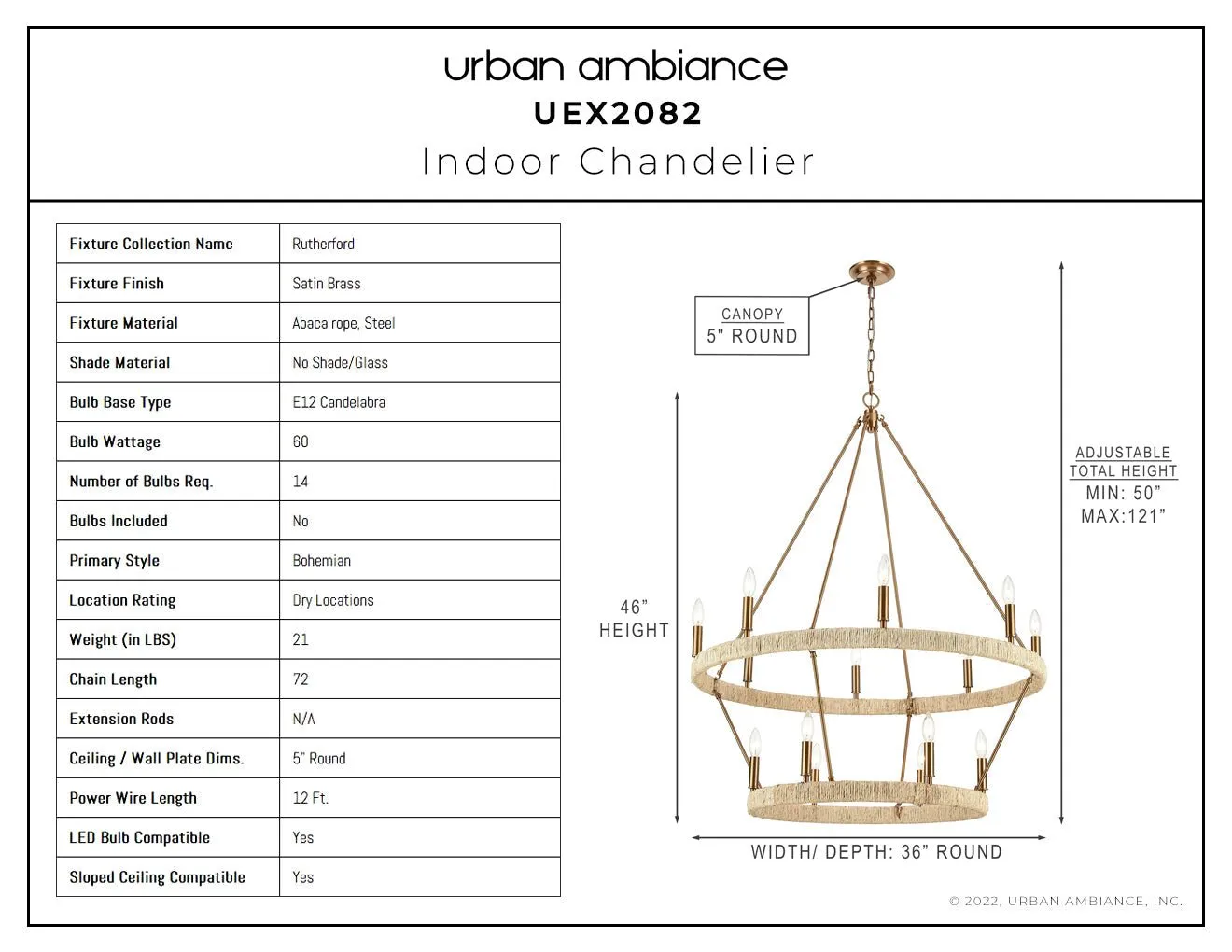 UEX2082 Bohemian Chandelier 46''H x 36''W, Satin Brass Finish, Rutherford Collection