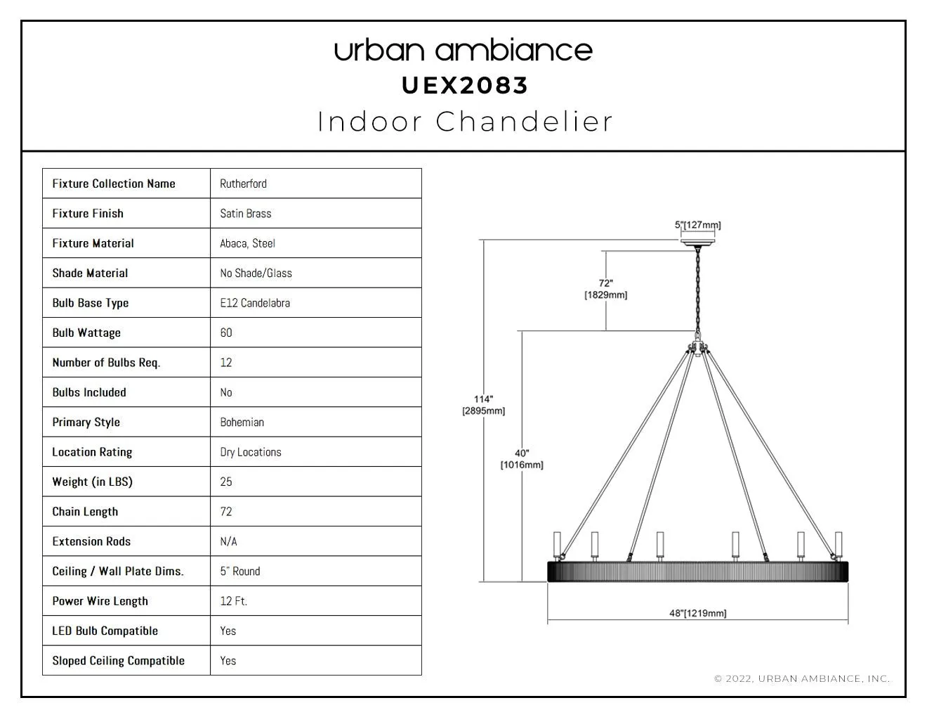 UEX2083 Bohemian Chandelier 40''H x 48''W, Satin Brass Finish, Rutherford Collection