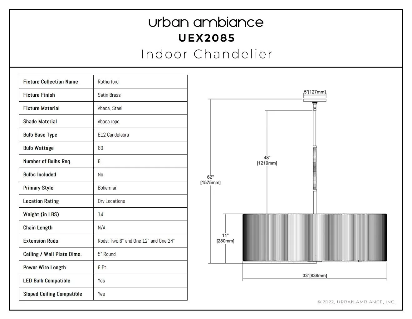 UEX2085 Bohemian Chandelier 11''H x 33''W, Satin Brass Finish, Rutherford Collection