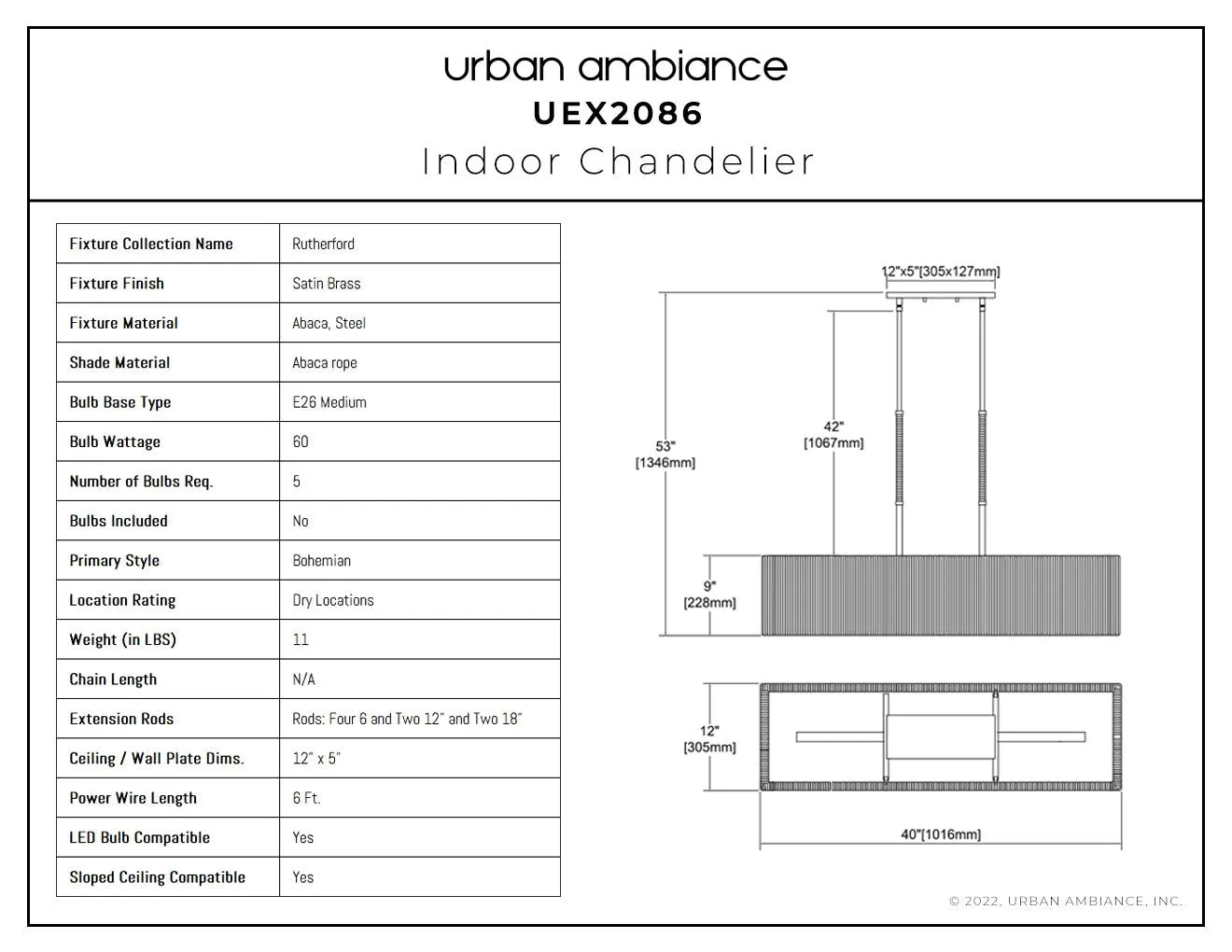 UEX2086 Bohemian Chandelier 9''H x 40''W, Satin Brass Finish, Rutherford Collection