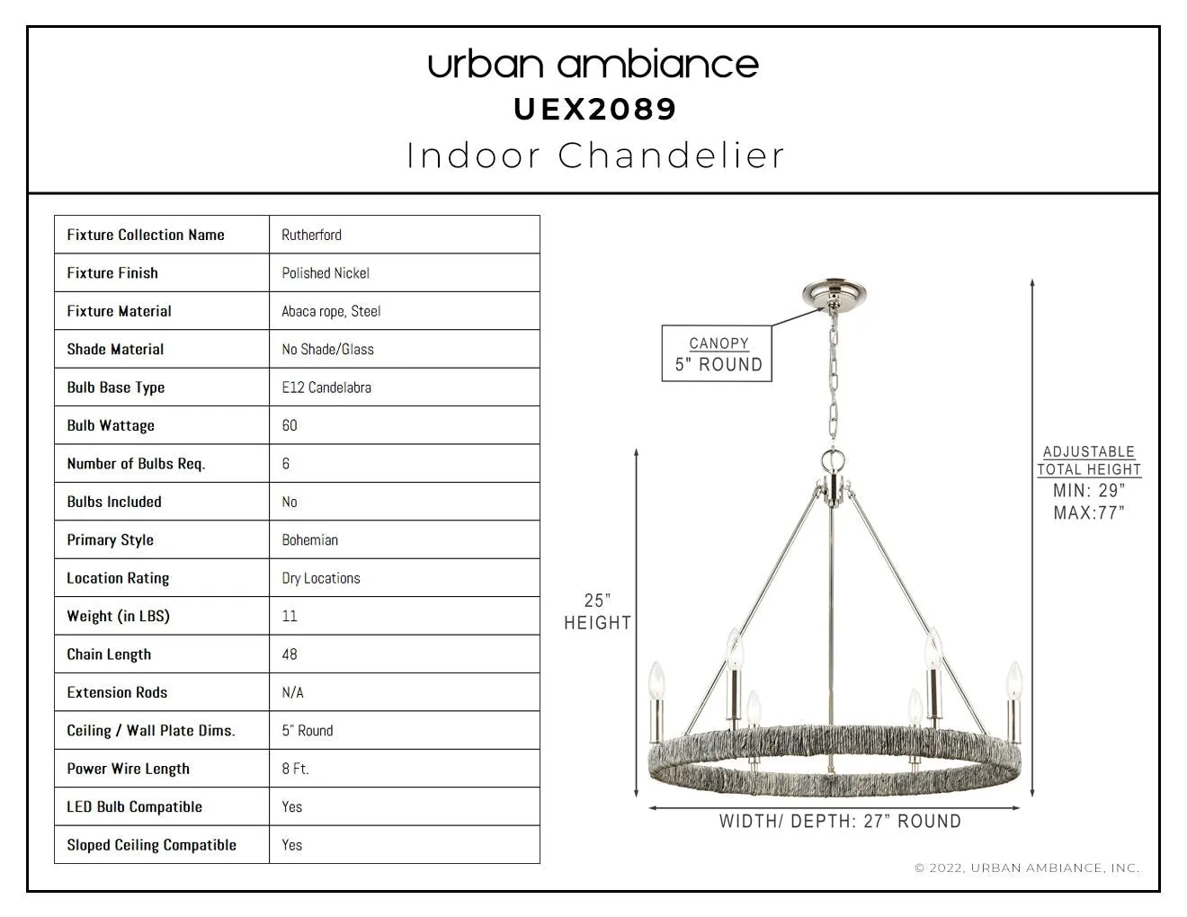 UEX2089 Bohemian Chandelier 25''H x 27''W, Polished Nickel Finish, Rutherford Collection