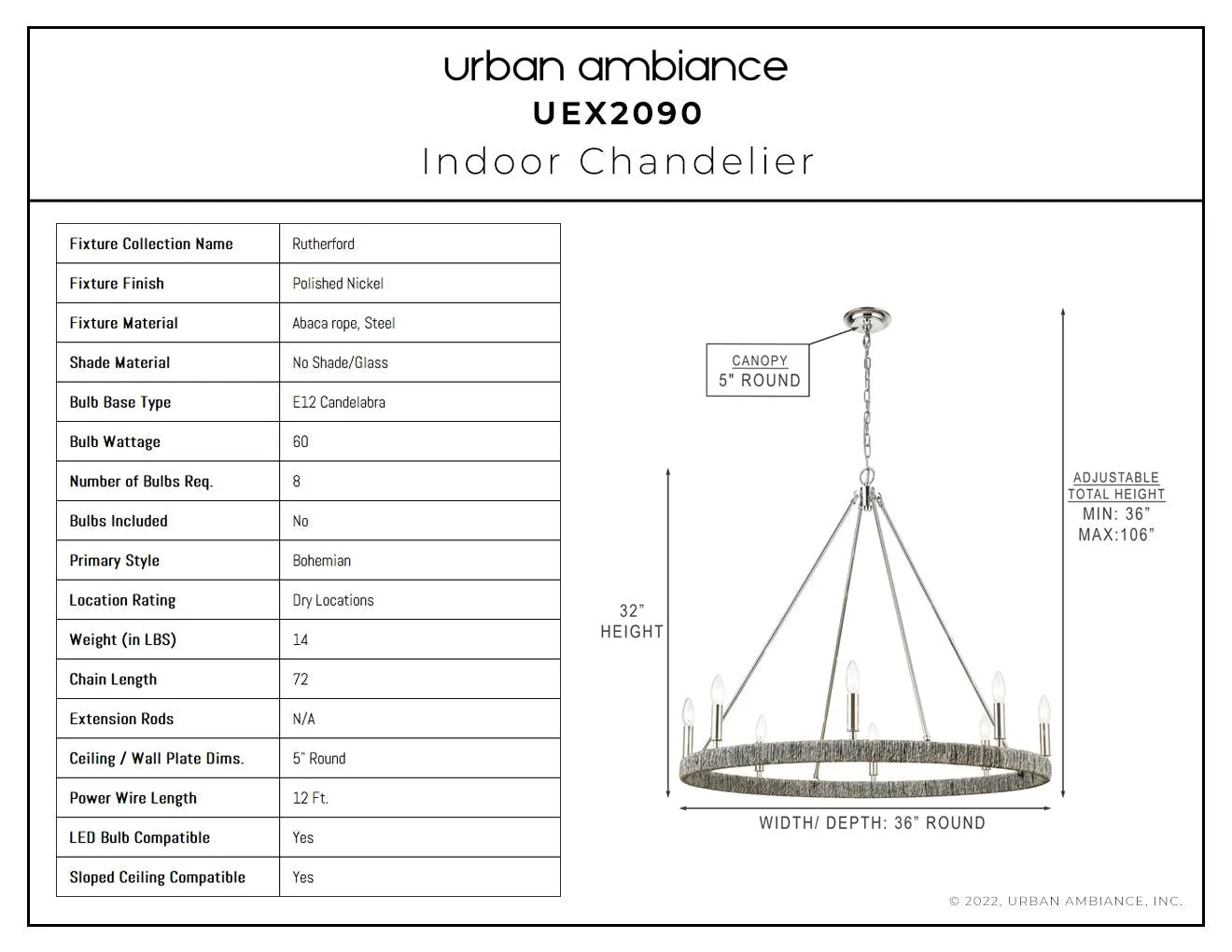 UEX2090 Bohemian Chandelier 32''H x 36''W, Polished Nickel Finish, Rutherford Collection