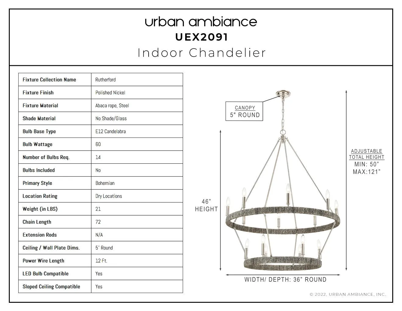 UEX2091 Bohemian Chandelier 46''H x 36''W, Polished Nickel Finish, Rutherford Collection