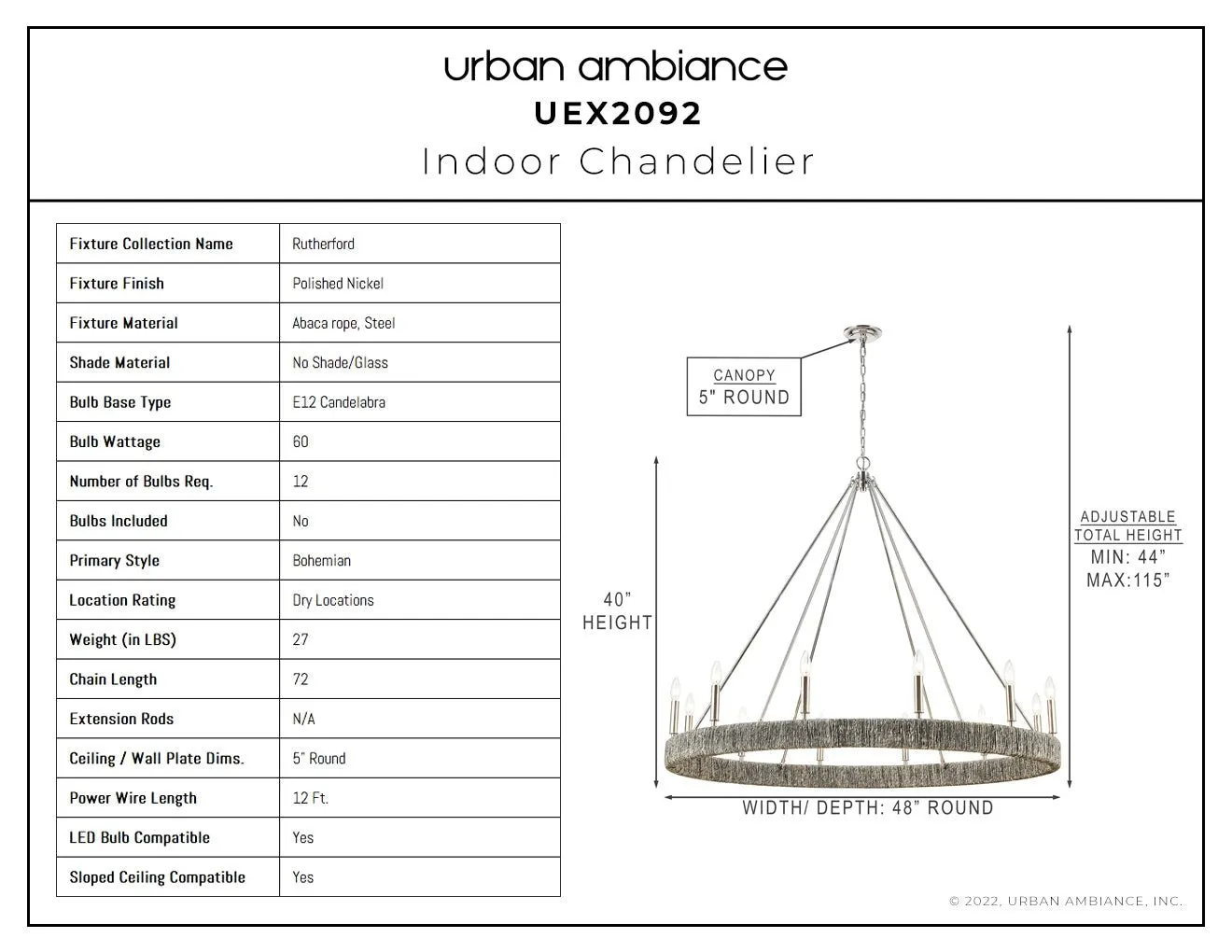 UEX2092 Bohemian Chandelier 40''H x 48''W, Polished Nickel Finish, Rutherford Collection