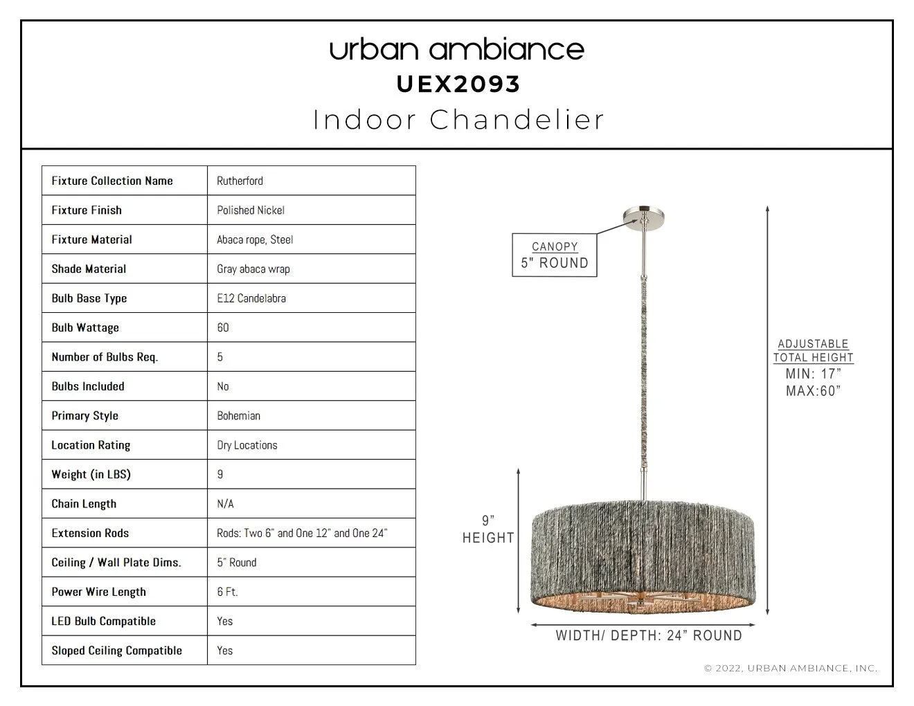 UEX2093 Bohemian Chandelier 9''H x 24''W, Polished Nickel Finish, Rutherford Collection