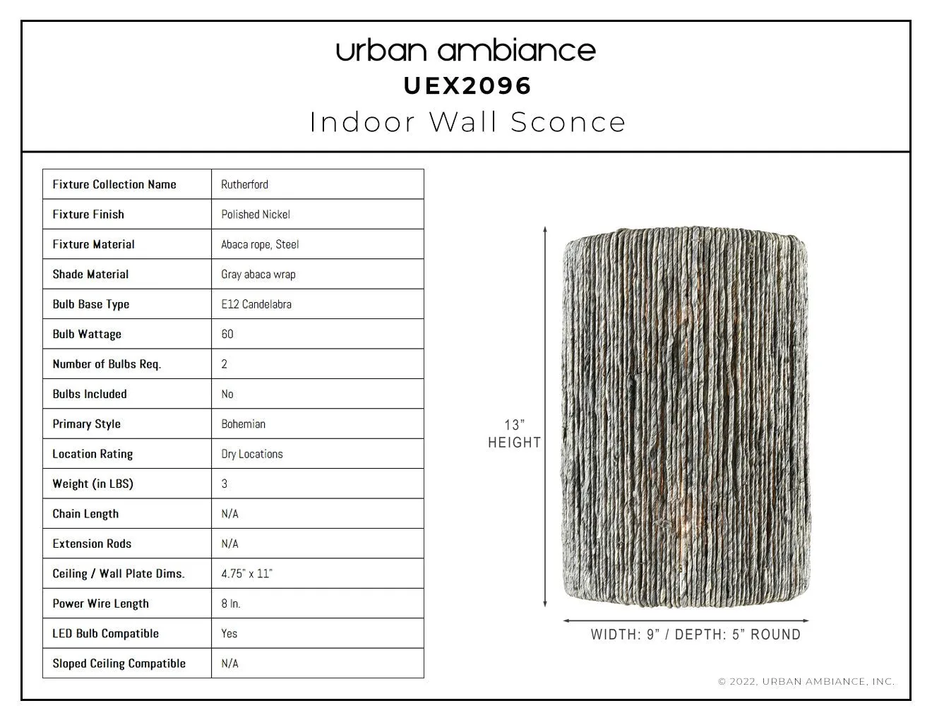 UEX2096 Bohemian Wall Sconce 13''H x 9''W, Polished Nickel Finish, Rutherford Collection