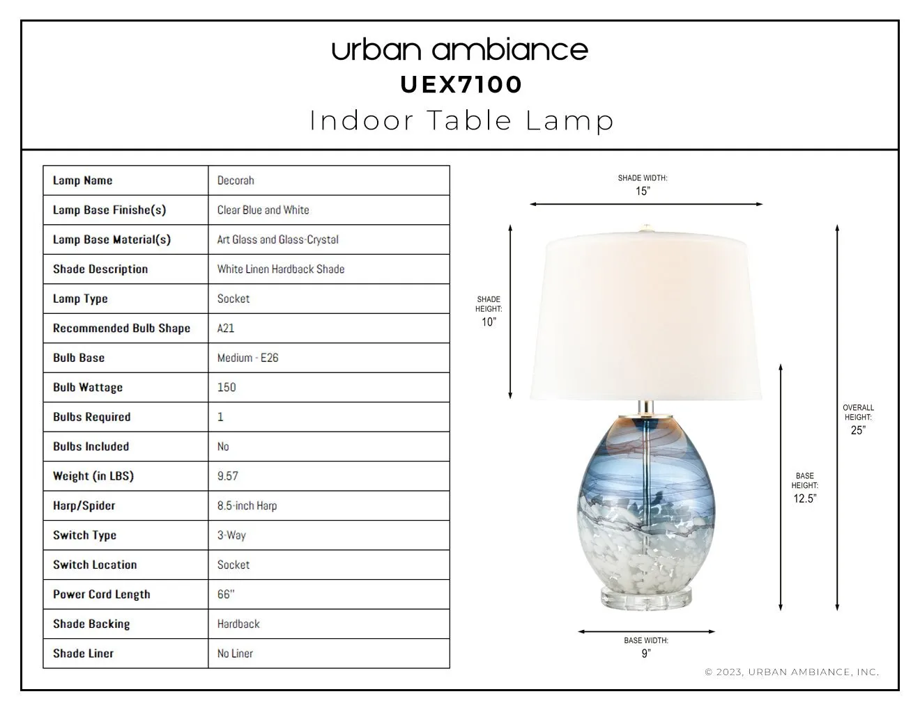 UEX7100 Nautical Table Lamp 15''W x 15''D x 25''H, Clear Blue and White Finish, Decorah Collection