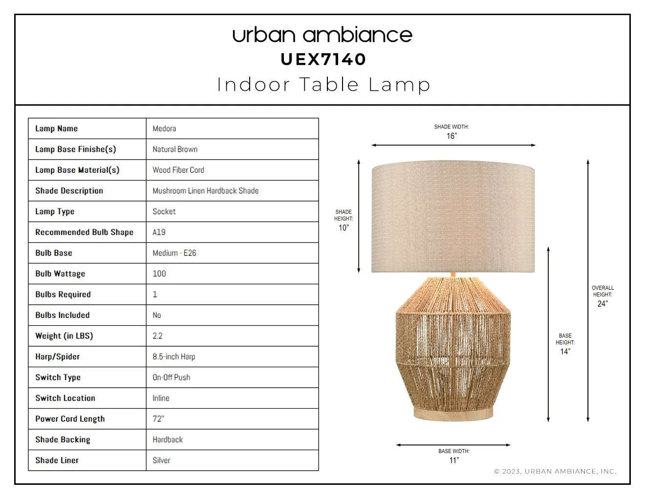 UEX7140 Scandinavian Table Lamp 16''W x 16''D x 24''H, Natural Brown Finish, Medora Collection