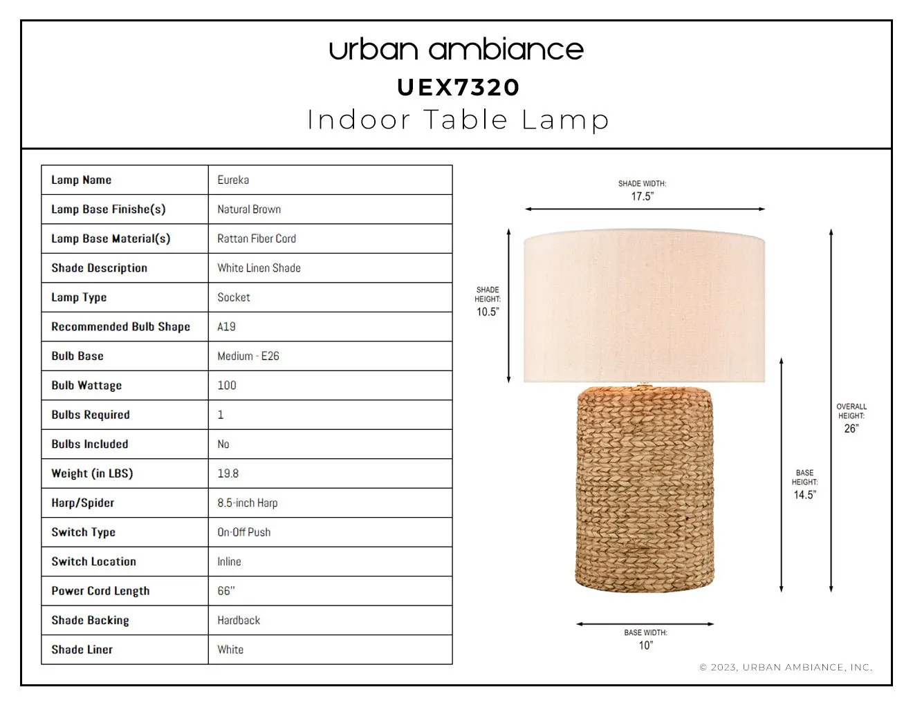 UEX7320 Scandinavian Table Lamp 17.5''W x 17.5''D x 26''H, Natural Brown Finish, Eureka Collection