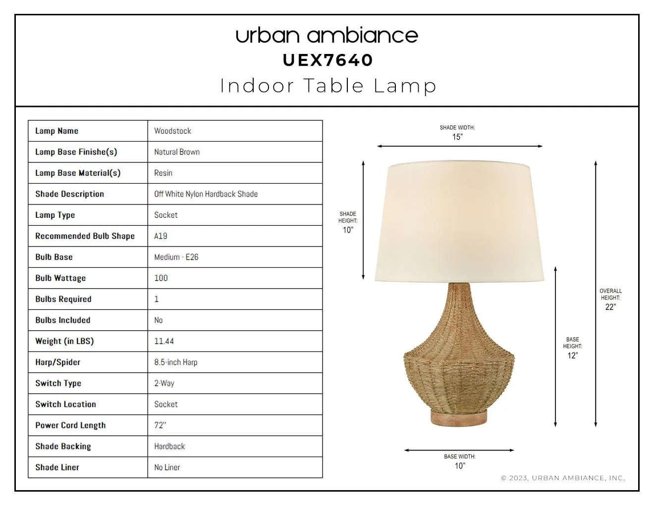 UEX7640 Scandinavian Table Lamp 15''W x 15''D x 22''H, Natural Brown Finish, Woodstock Collection