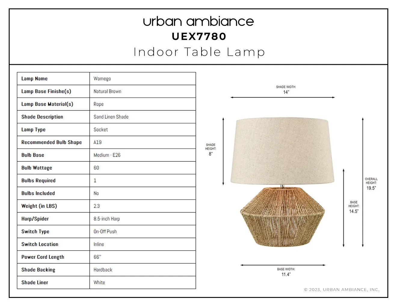 UEX7780 Scandinavian Table Lamp 14''W x 14''D x 19.5''H, Natural Brown Finish, Wamego Collection