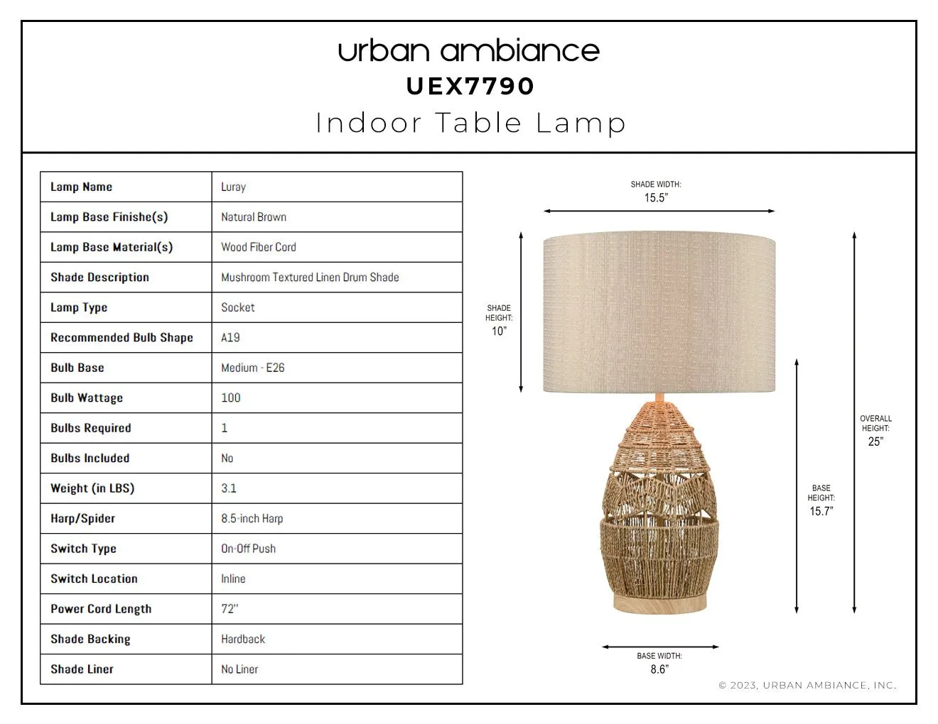 UEX7790 Scandinavian Table Lamp 15.5''W x 15.5''D x 25''H, Natural Brown Finish, Luray Collection