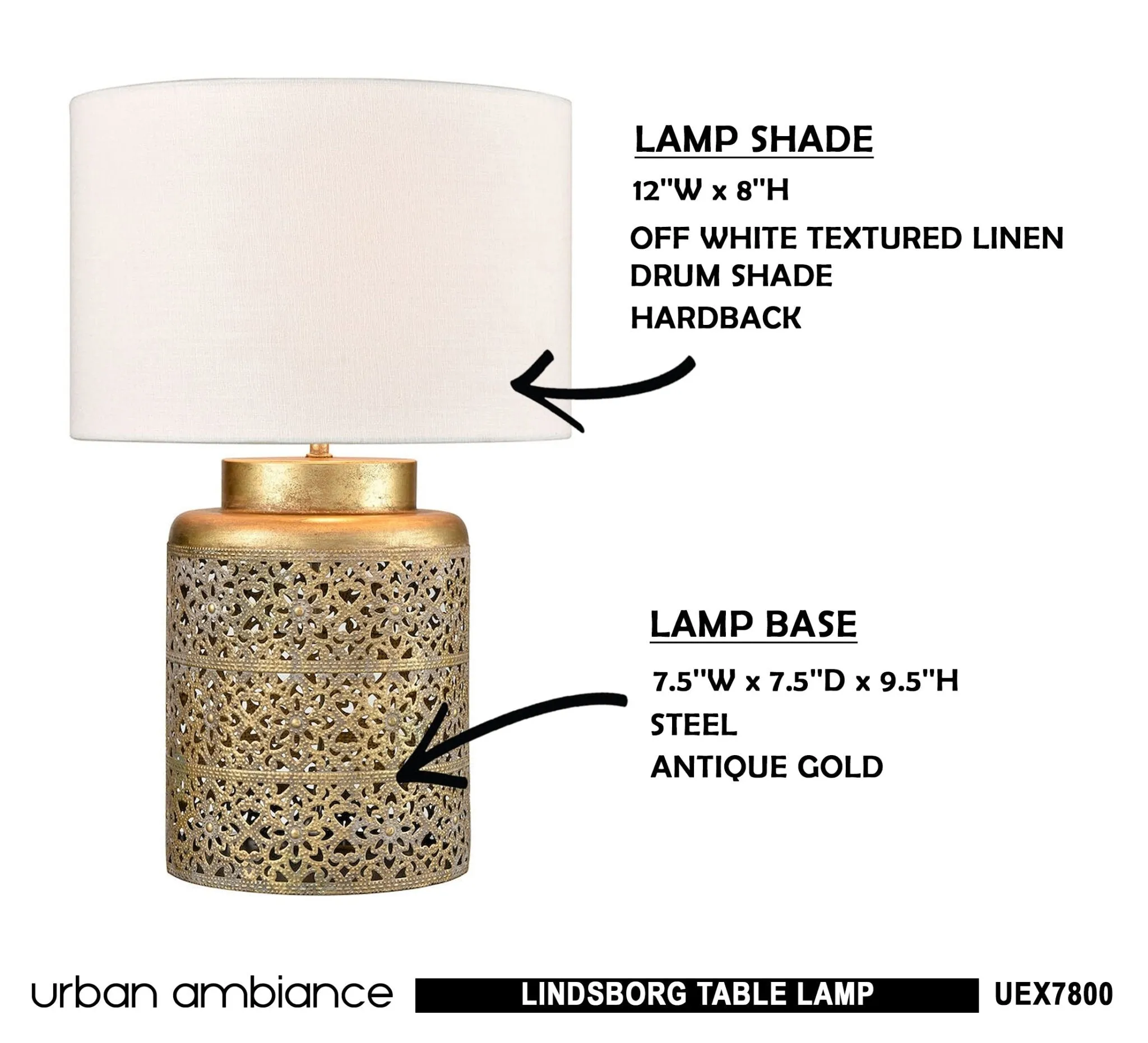 UEX7800 Mediterranean Table Lamp 12''W x 12''D x 18''H, Antique Gold Finish, Lindsborg Collection