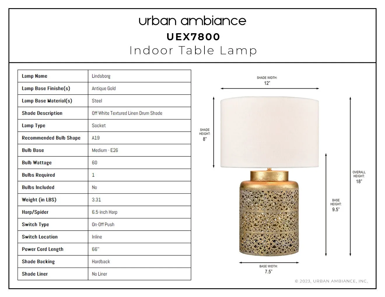 UEX7800 Mediterranean Table Lamp 12''W x 12''D x 18''H, Antique Gold Finish, Lindsborg Collection