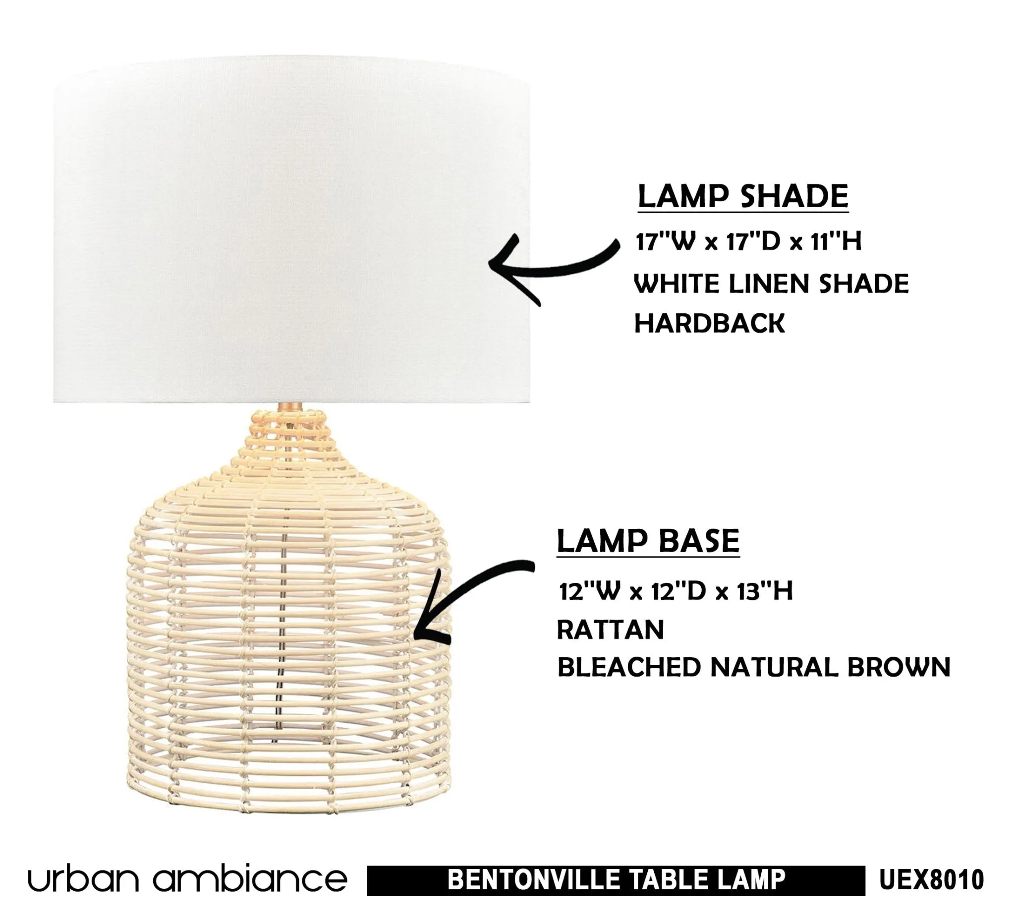 UEX8010 Scandinavian Table Lamp 17''W x 17''D x 26''H, Bleached Natural Brown Finish, Bentonville Collection