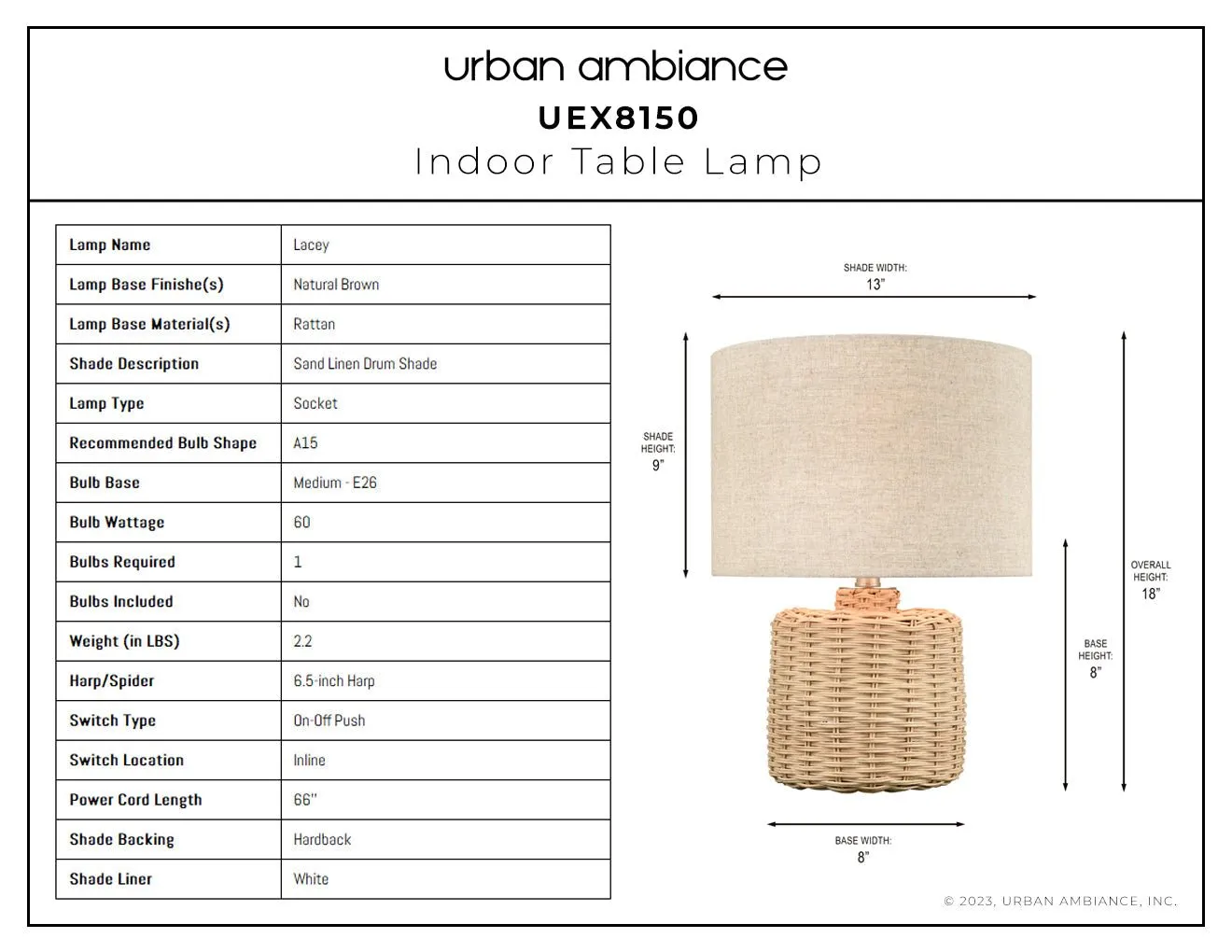 UEX8150 Scandinavian Table Lamp 13''W x 13''D x 18''H, Natural Brown Finish, Lacey Collection