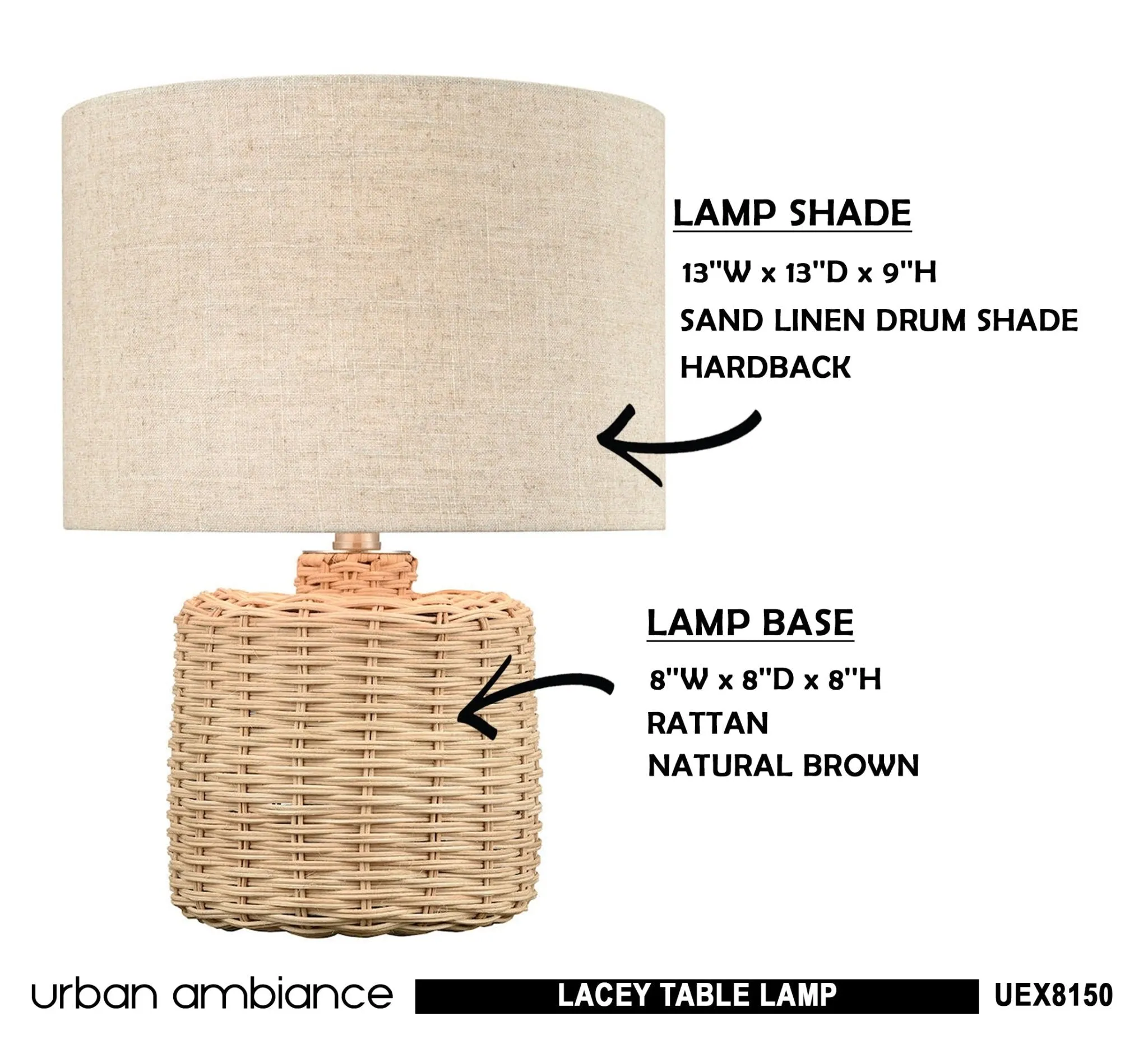 UEX8150 Scandinavian Table Lamp 13''W x 13''D x 18''H, Natural Brown Finish, Lacey Collection