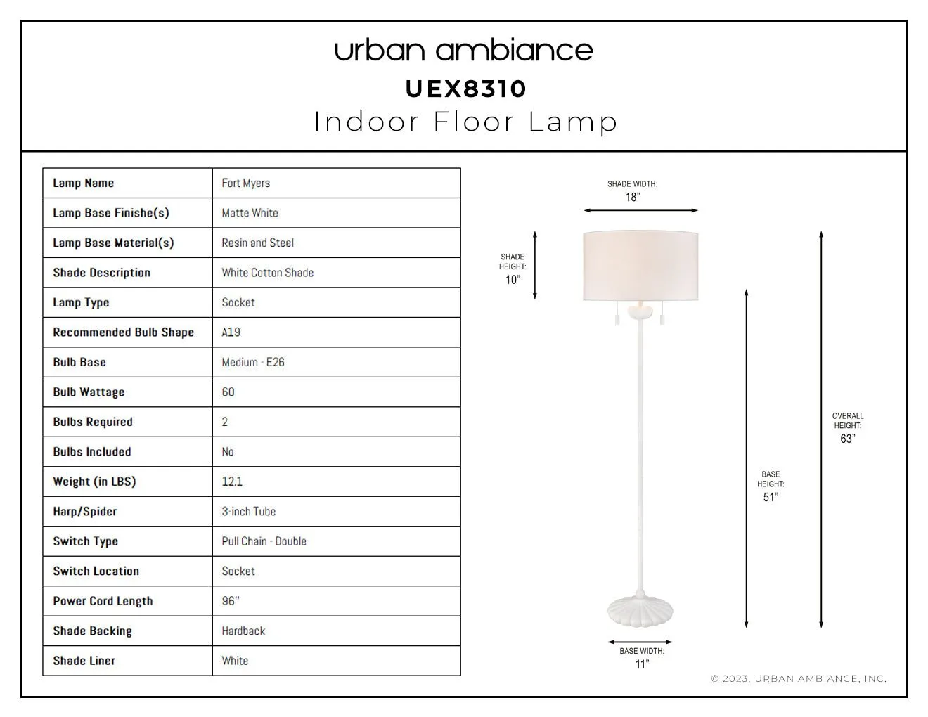 UEX8310 Bohemian Floor Lamp 18''W x 18''D x 63''H, Matte White Finish, Fort Myers Collection