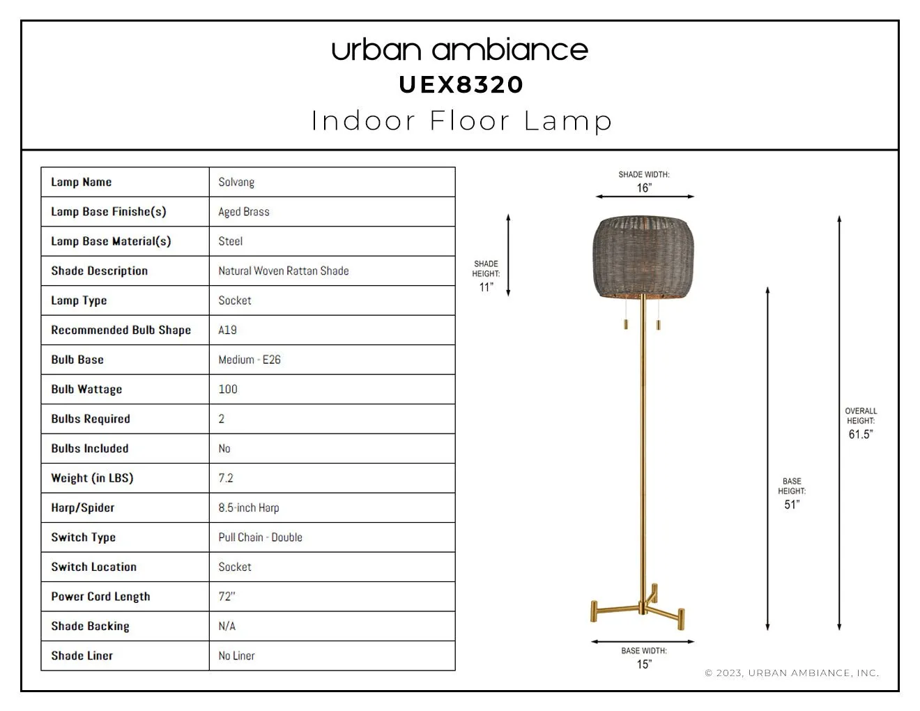 UEX8320 Natural Floor Lamp 16''W x 16''D x 61.5''H, Aged Brass Finish, Solvang Collection