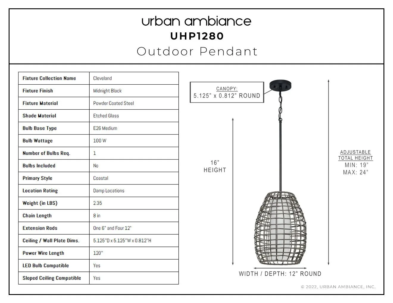 UHP1280 Bohemian Outdoor Pendant 16''H x 12''W, Midnight Black Finish, Cleveland Collection