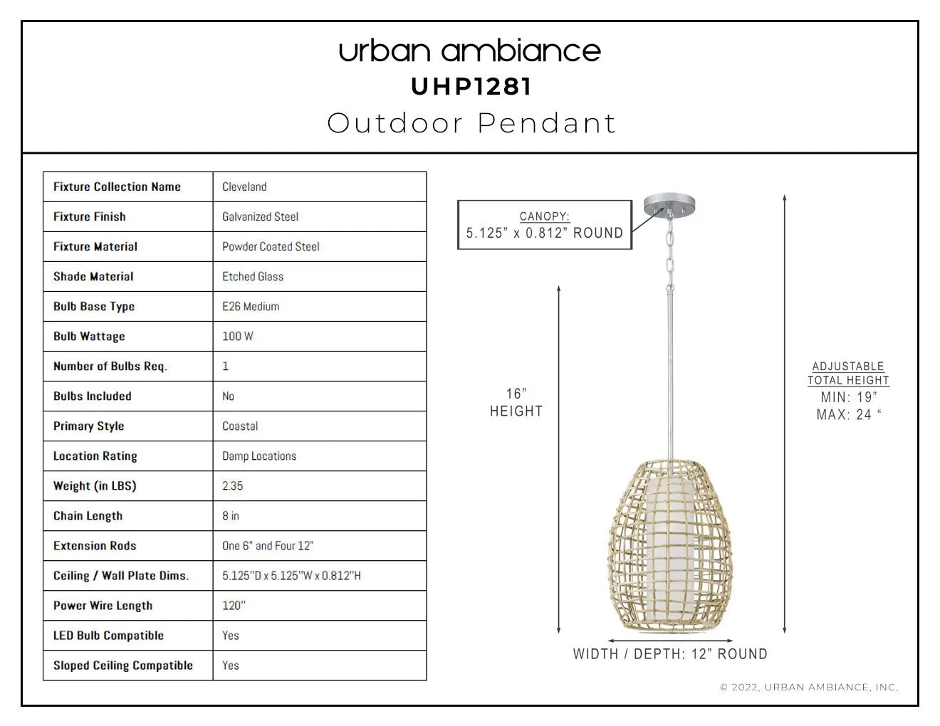 UHP1281 Bohemian Outdoor Pendant 16''H x 12''W, Galvanized Steel Finish, Cleveland Collection