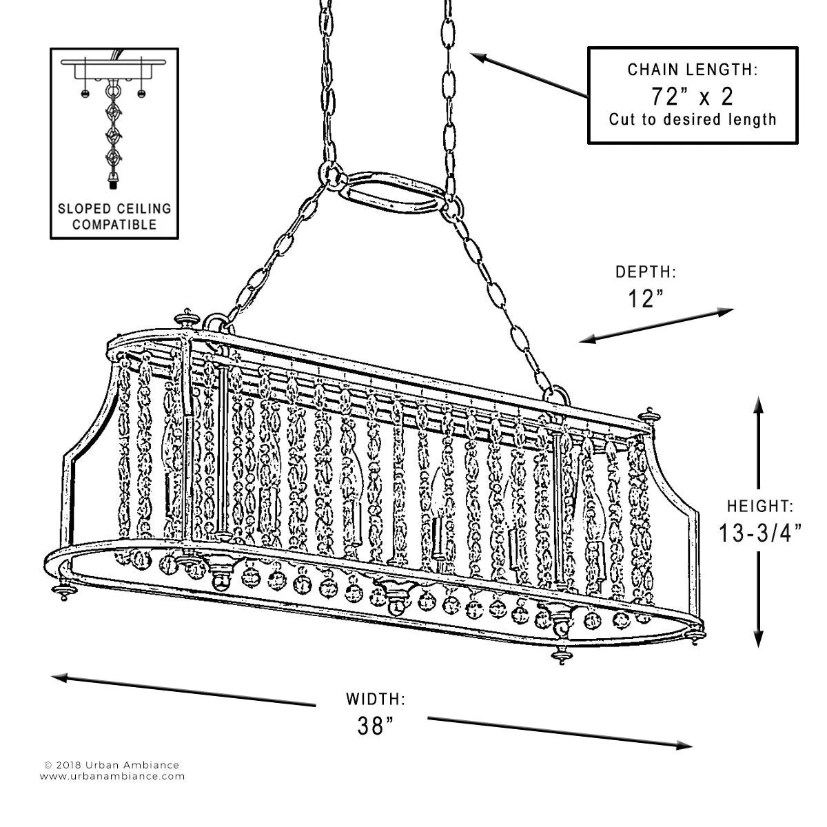 UHP2251 Mediterranean Island/Linear Chandelier, 13.75"H x 38"W, Antique Silver Finish, Lexington Collection