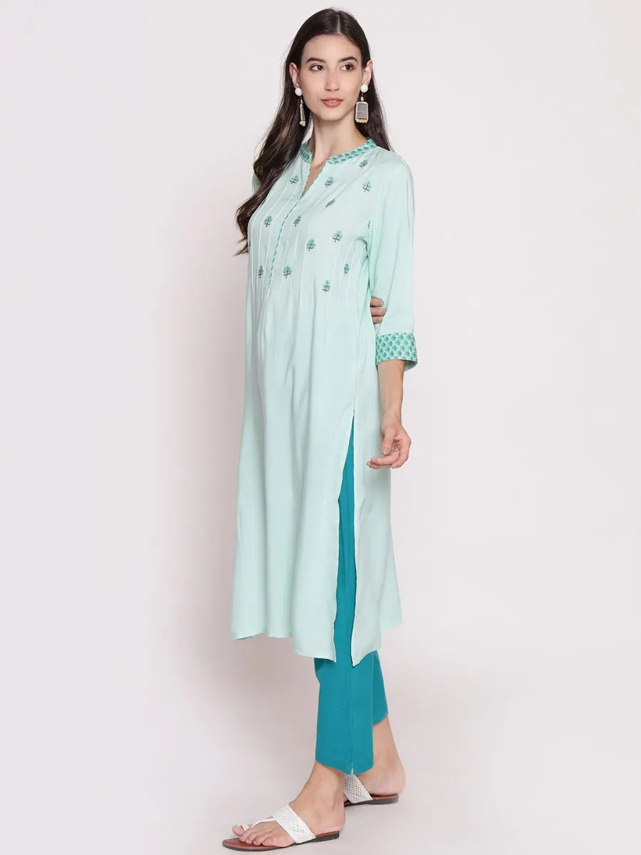 Women Aqua Blue Embroidered Kurta