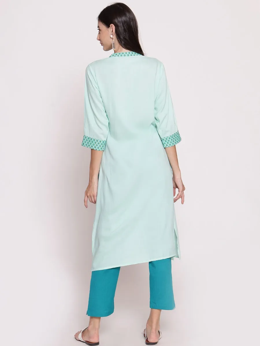 Women Aqua Blue Embroidered Kurta